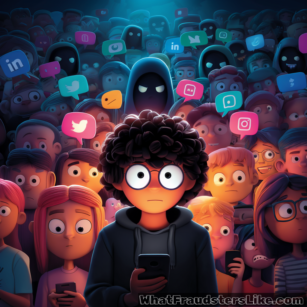 A small, red, hooded figure walks away from the viewer, surrounded by numerous hanging social media and communication app icons, appearing as if being entangled or controlled by their strings.